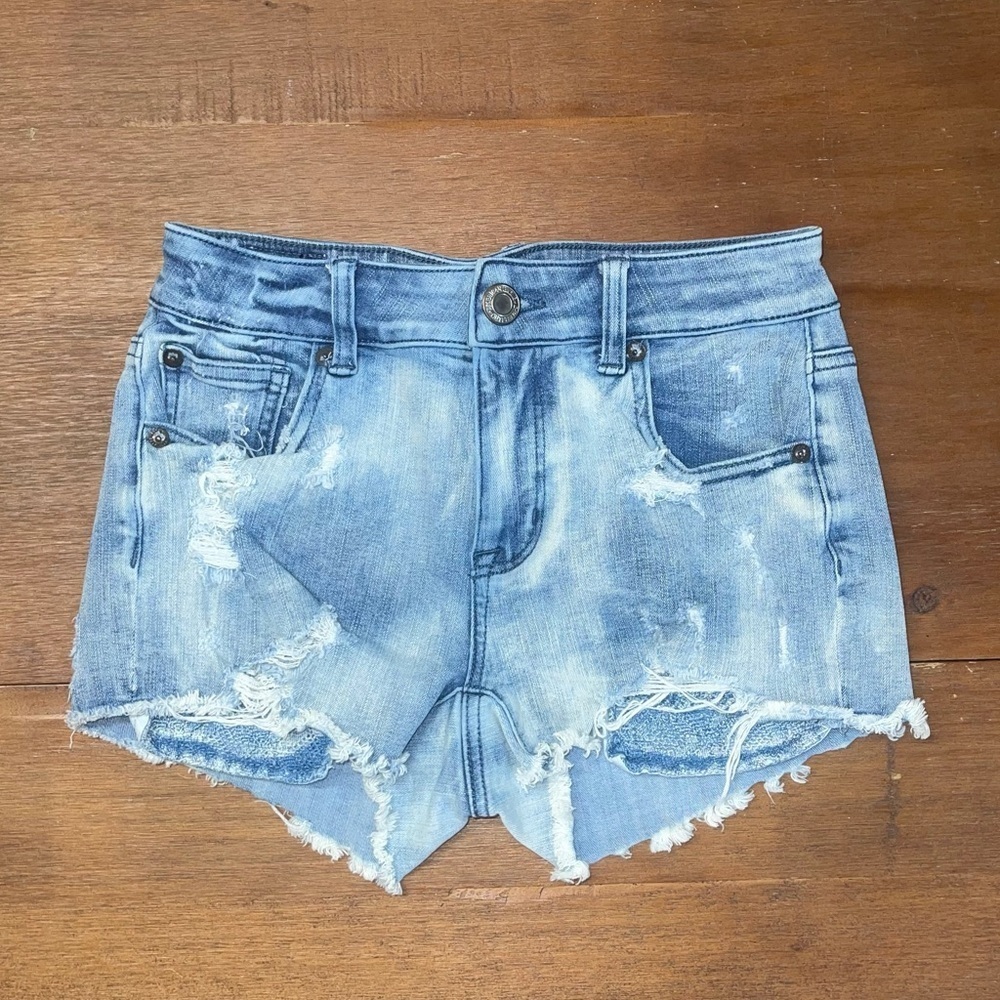 AE American Eagle Women's Hi-Rise Shortie Super Stretch X Blue Denim Shorts Sz 0